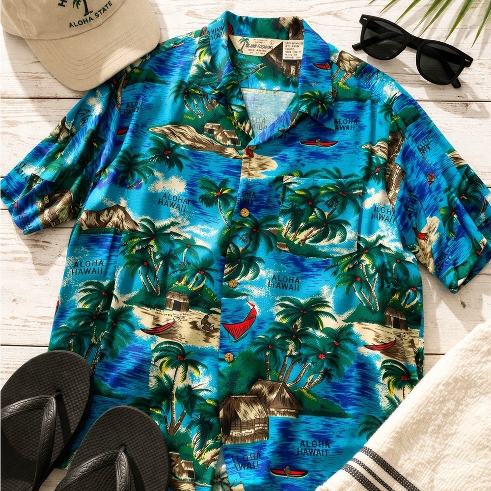 🌴 Vintage Island Fashions Hawaiian Aloha Shirt Made in Hawaii Rayon Large